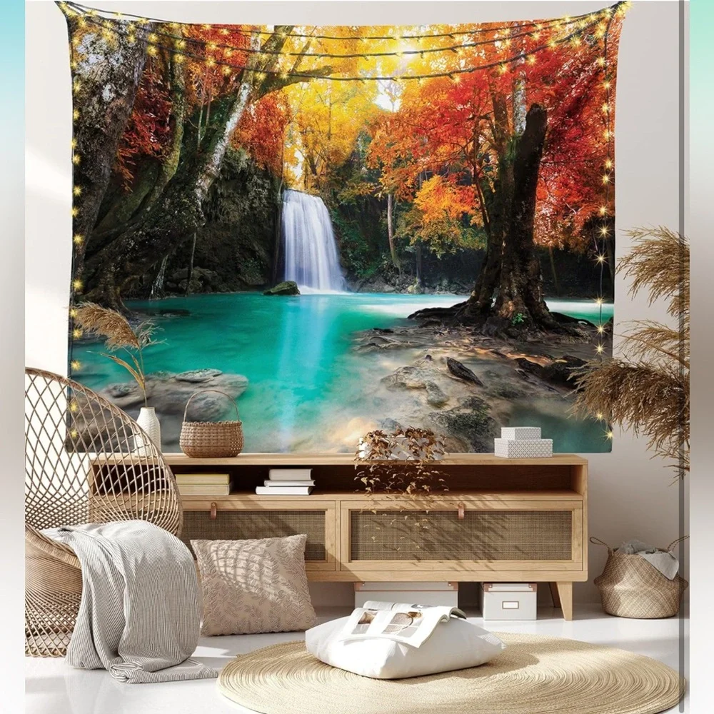 Fall Forest Waterfalls Wall Decor Hanging Tapestry Large Sz Twin 68” x 88” NWOT